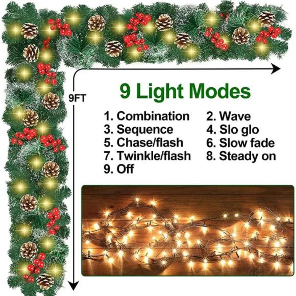 9 Ft by 10 Inch Christmas Garland with 100 LED Lights, Pre-Lit Christmas Garland